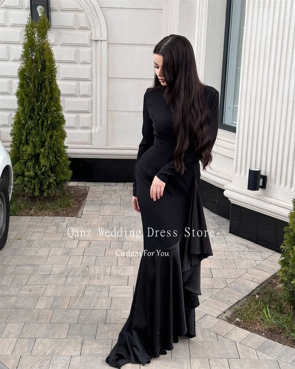 Qanz Arab Black Vintage O Neck Sukienki Pełne rękawy Syrenka Arabia Saudyjska Suknie wieczorowe Robe Soiree De Luxe Dostosowane