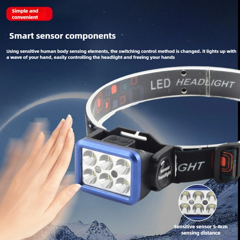 LED Sensor High-Brightness Headlamp Type-C Rechargeable Night Running Fishing Lightweight Mini Headlamp Long Battery Life