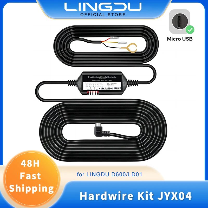 JYX04 Car DVR HardWire Kit For LingDu D200/D600/LD01 Low Vol Protection Micro USB Port ACC Power Cable 12V-24V in 5V/2.5A Out