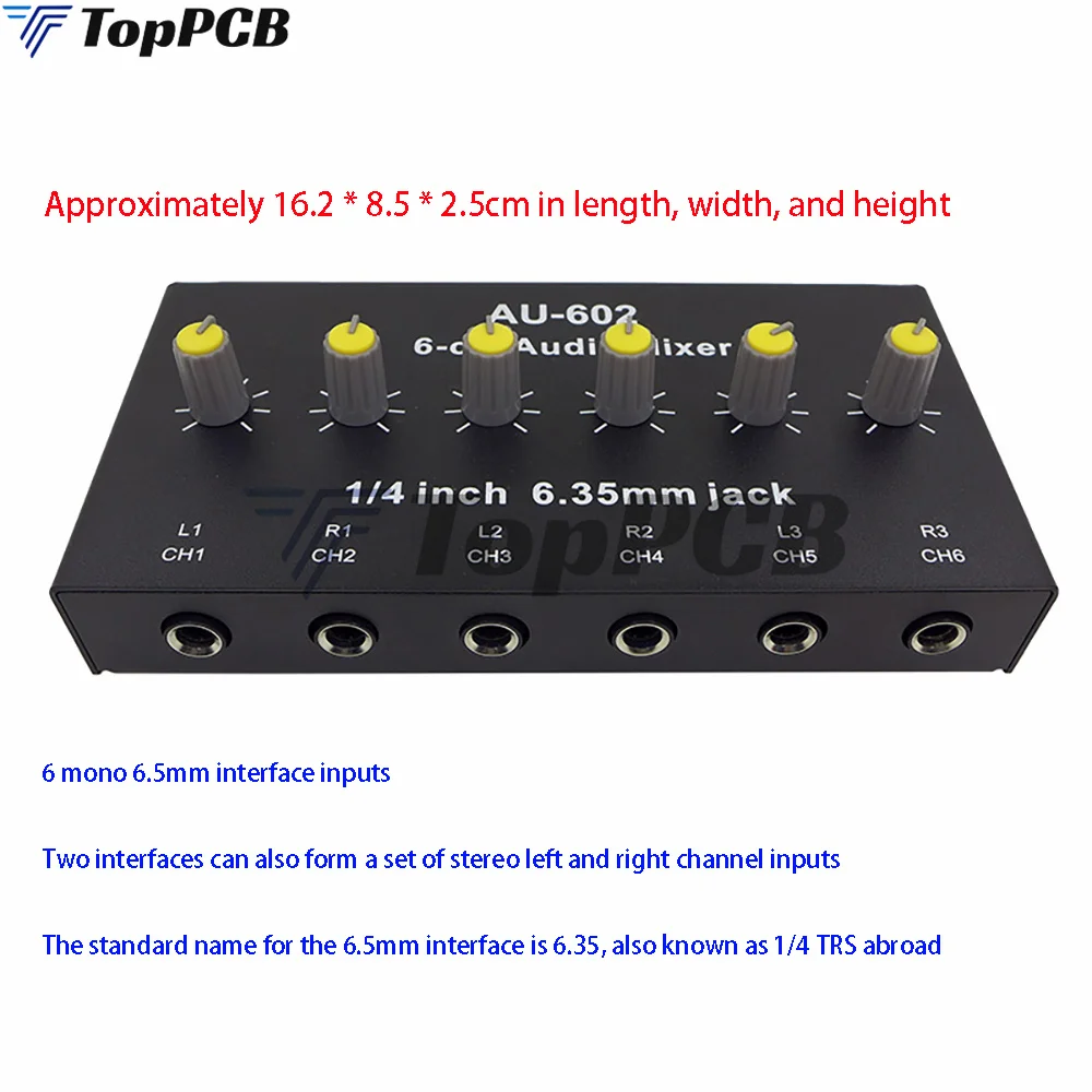 6-Way Stereo Signal Mixer Board Headphone Amplifiers Sound Mixing Distributor 3.5MM Aux Mixing Amplifier AU-602