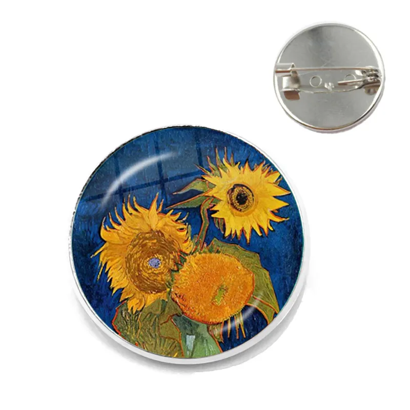 Retro Van Gogh Art gwiaździstej nocy słonecznik broszki mężczyźni kobiety szkło Cabochon Dome biżuteria tornister brązowy broszka przypinki prezent