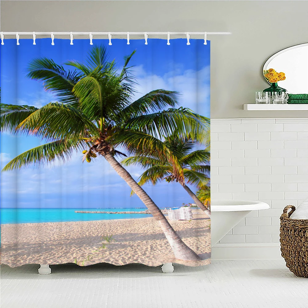 

Beach Shower Curtain Blue ocean Fabric Shower Curtain Natural Tropical Palm Tree Shower Curtain Hook Wash Waterproof