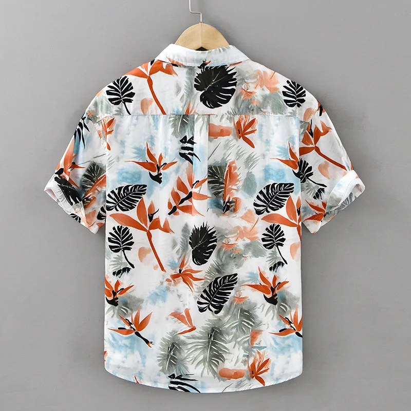New Hawaii Shirt Men Holiday Summer Beach Mens Short Sleeve Shirt Pure Cotton Comfort Tops Lapel Printed Shirt with Pocket Youth