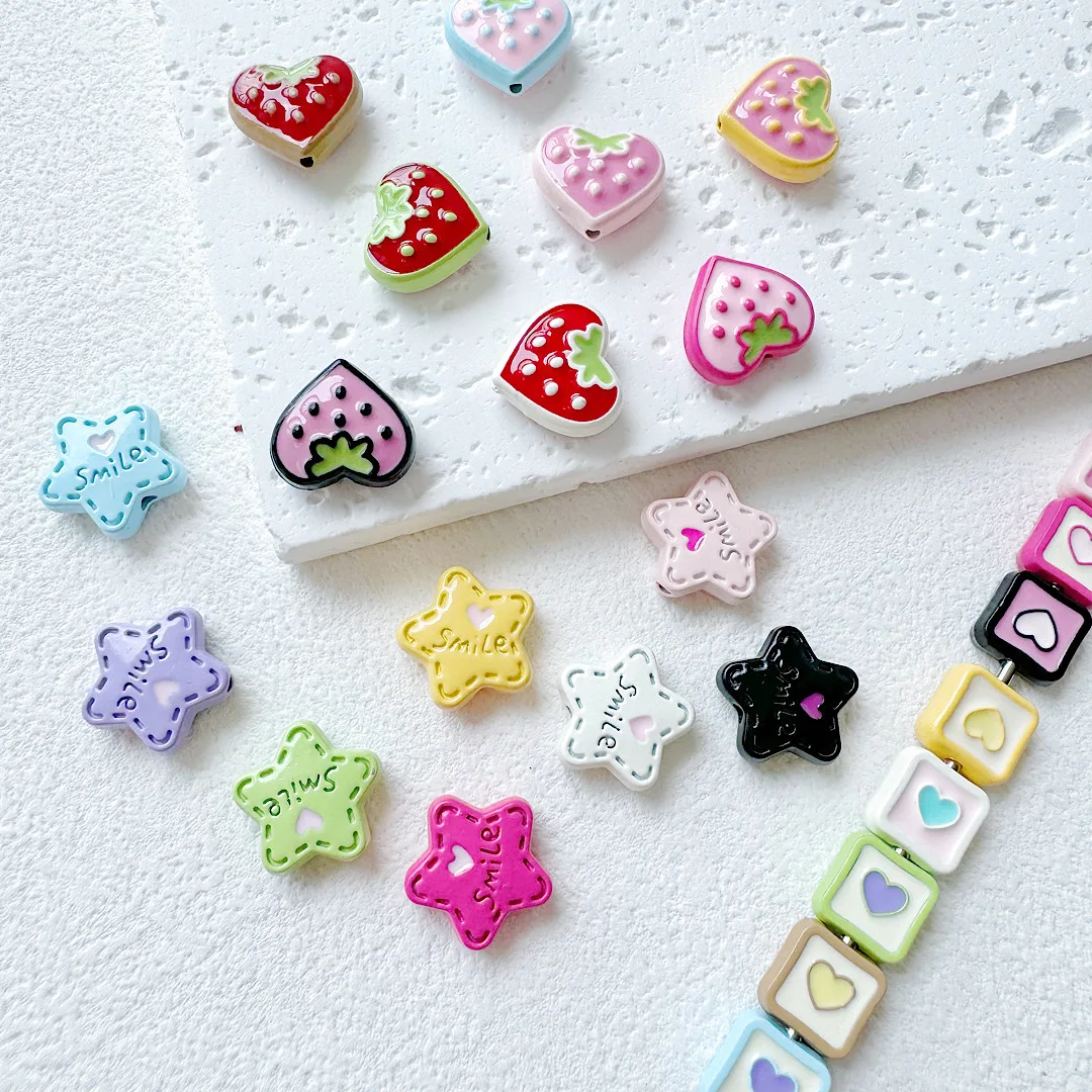 10pcs Macaroon Colour Cream Strawberry Star Love Beads Baked Paint Alloy Loose Spacer Beads For Jewelry Making DIY Accessories