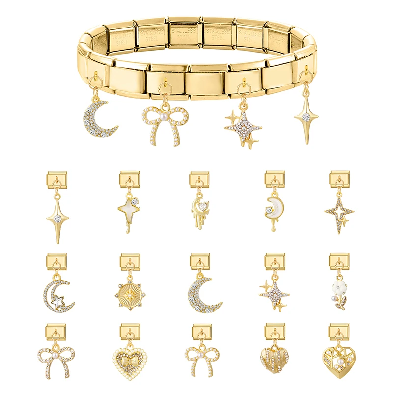 

Gold Color Bow Knot Heart Star Moon Pearls Zircon Pendant DIY Italian Charm Links Fit 9mm Stainless Steel Bracelet for Women Men