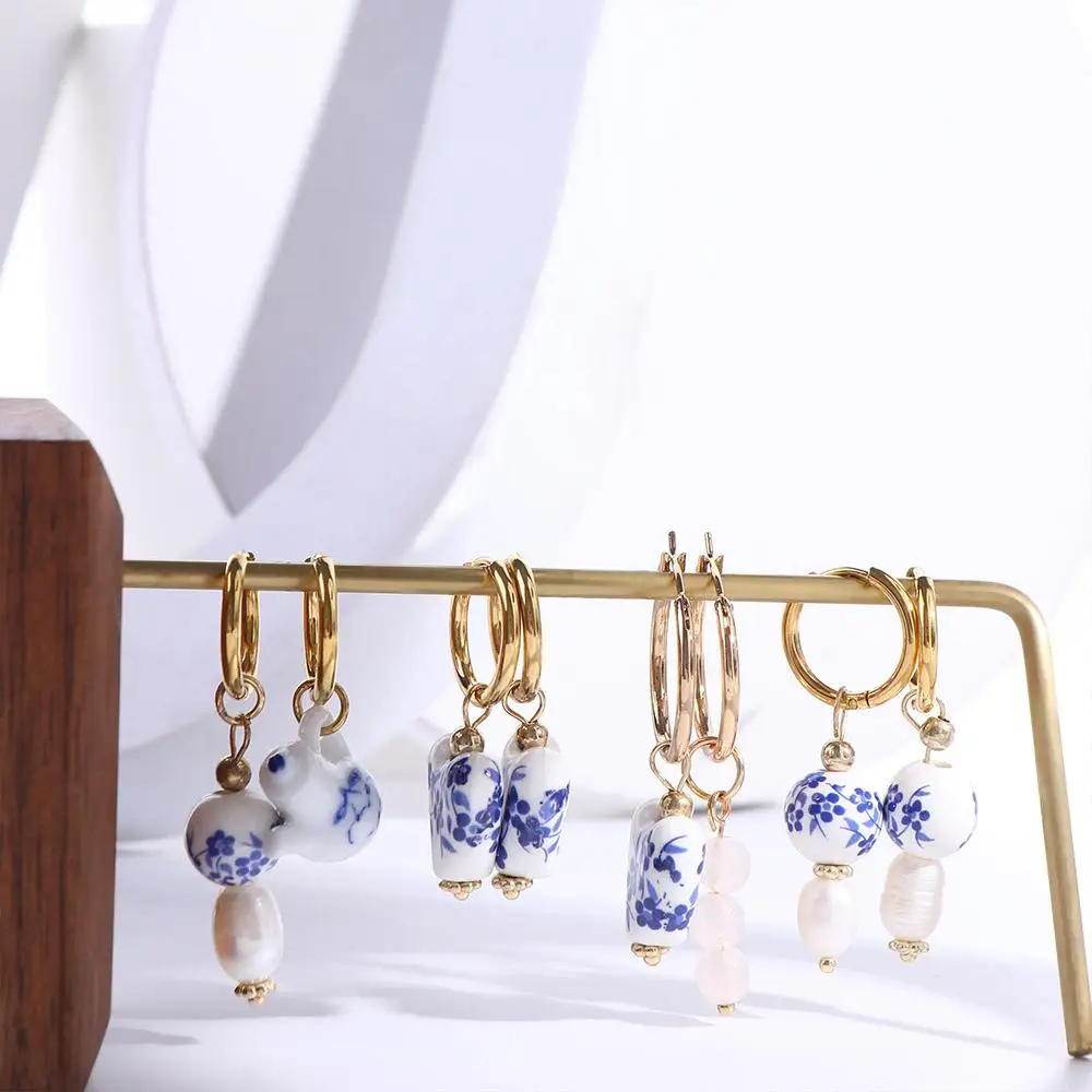 Blue and White Porcelain Glasses Fashion Design Love Heart Women Hoop Earrings Ear Buckle Korean Jewelry Accessories Alloy