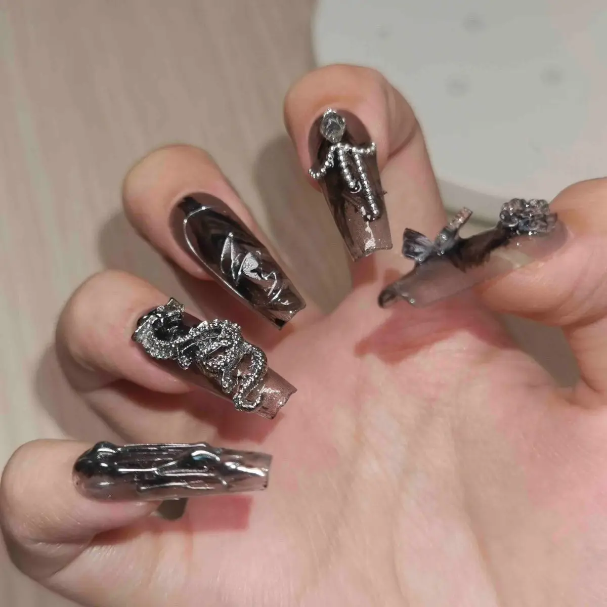 Punk Dragon Charms Press on Nail Artificial Long False Nails XS Black Dragons Goth Presson Tips Butterfly Fake Nail y2k Pressons