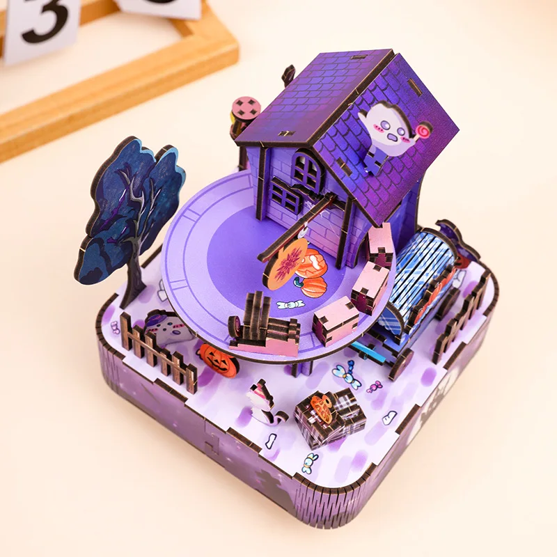 DIY Music Box Wooden Model Building Kits Ghost Train Assembled 3D Jigsaw Puzzles Can Move for Friends Halloween Gifts Home Decor