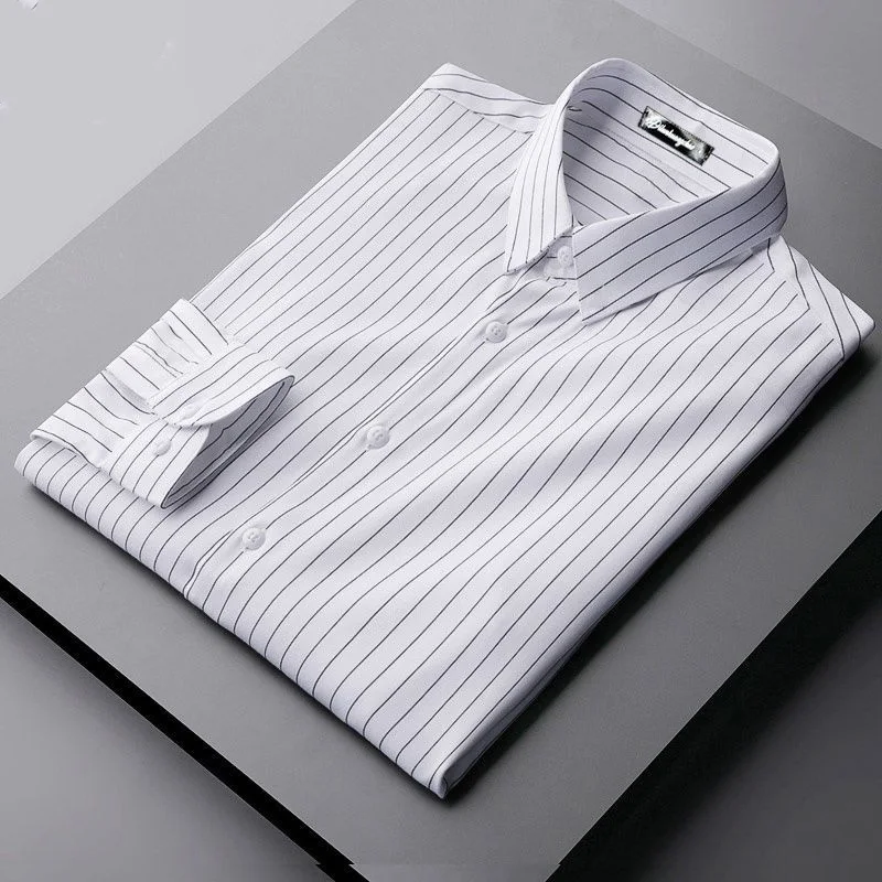 2024 New Spring and Autumn Korean Edition Trendy and Simple Casual Business Flip Collar Stripe Non Iron Formal Fit Shirt for Men