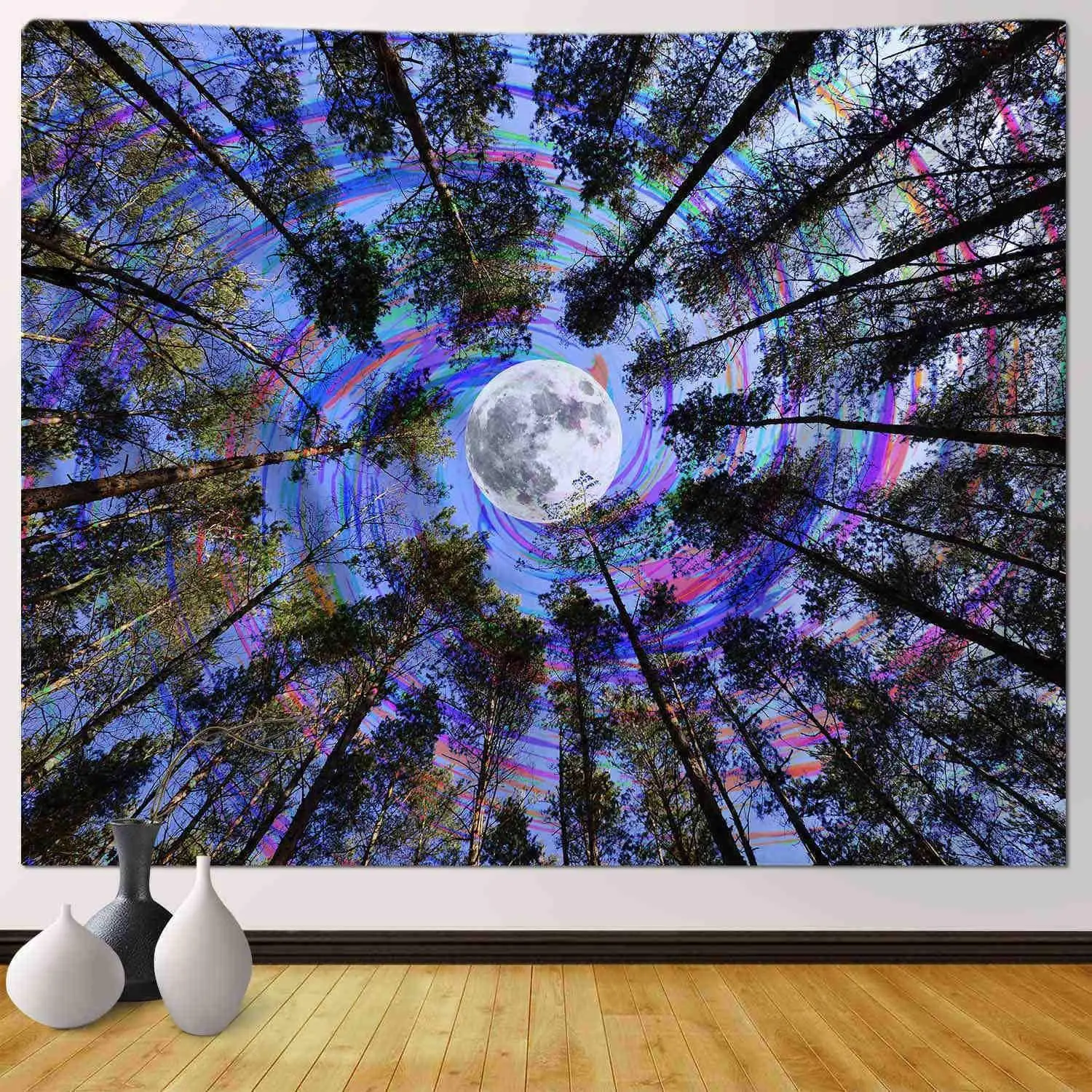 Trippy Moon Tree Forest Tapestry Galaxy Moon Stars Night Space Starry Sky Wall Hanging Tapestry Poster Blanket Dorm Home Decor