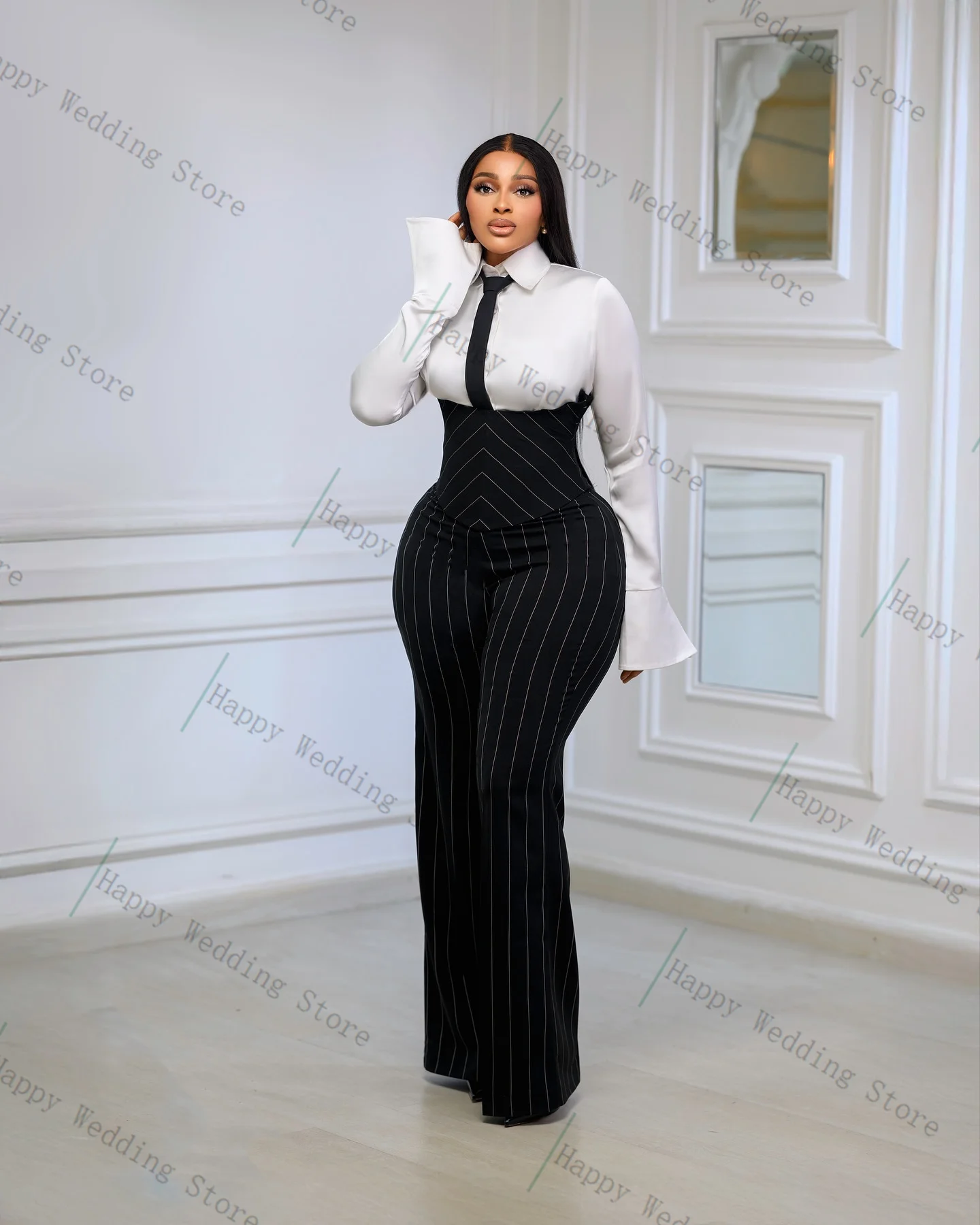 

Autumn Women Suit Set 2 Piece Shirt+Pants Black White Formal Office Lady Coat Customized Prom Party Outfit