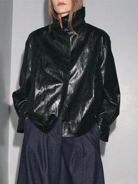 ini Pelle Jaet Collo alto Lungo Sve Cappotto casual in pelle PU con orlo gonfio da donna per la stagione autunnale 354825