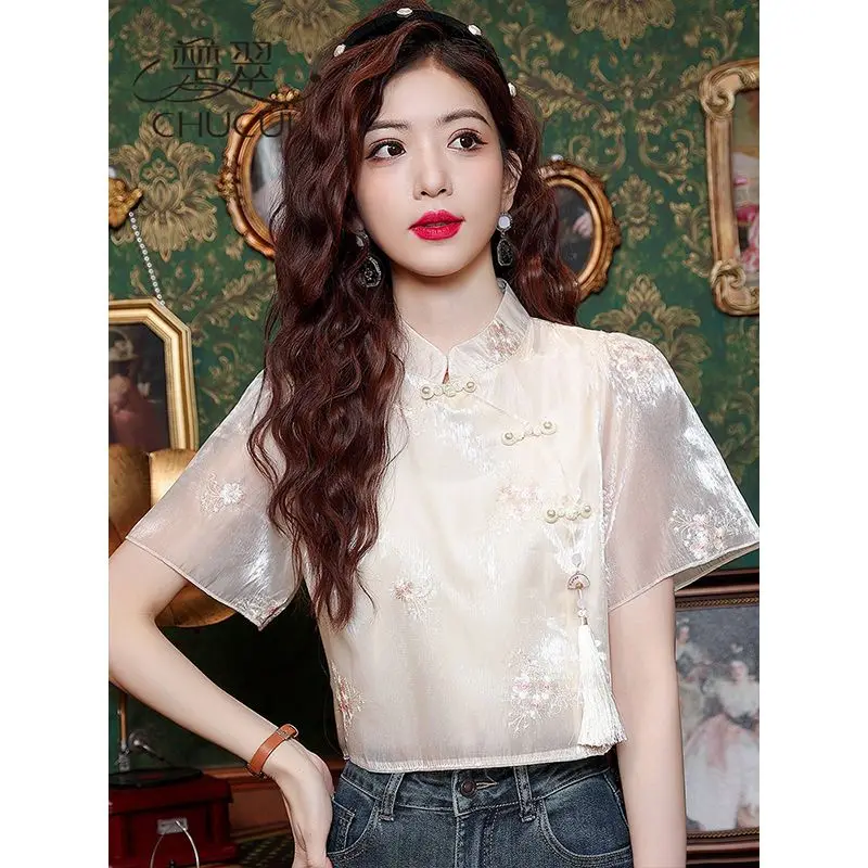 New Chinese Sleeve Chiffon Blouse Women's National Style Embroidered Top Summer Short Version00