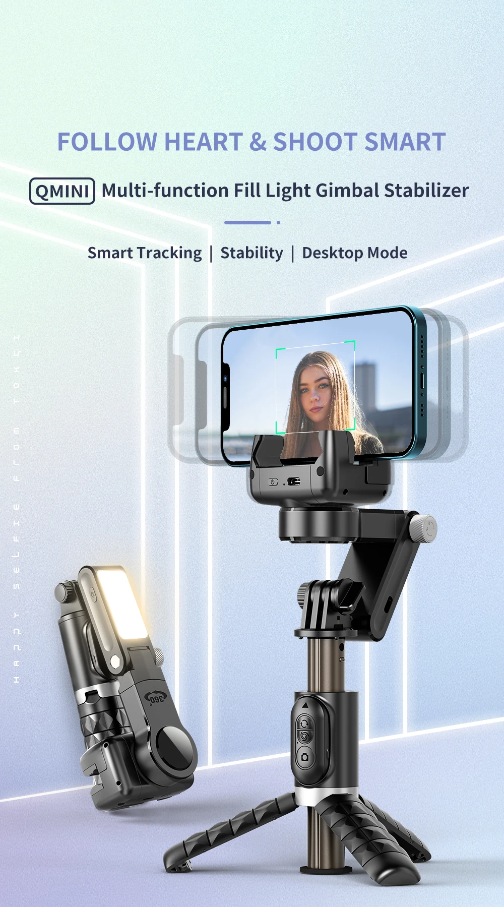 Auto Tracking Phone Gimbal Stabilizer, Anti-Shake Bluetooth, Retractable Tripod Selfie Stick with Beauty Light for Live Stream