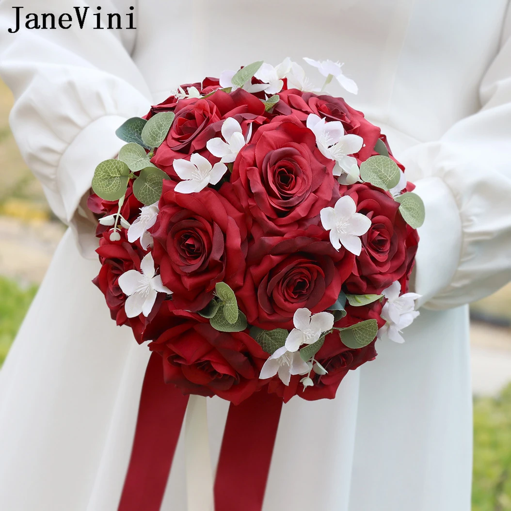 JaneVini-ramo De flores artificiales para novia, flores De boda, cascada roja Vintage