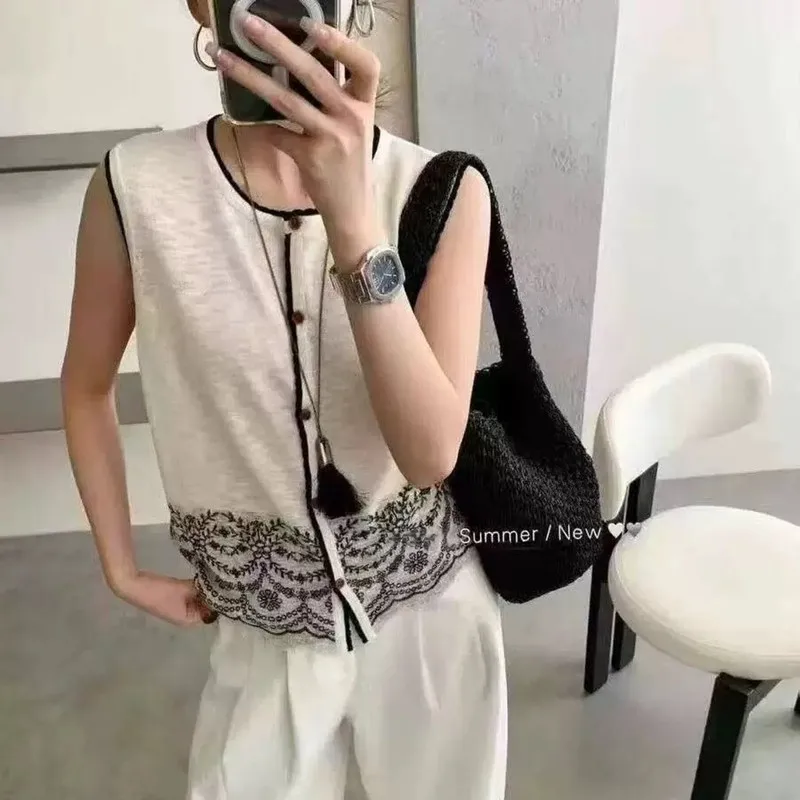 

2025 New Bamboo Knot Hemp Sleeveless vest Round Neck T-Shirt Women's Summer Thin Knit Cardigan Chinese Fashion Short Sleeve Tops