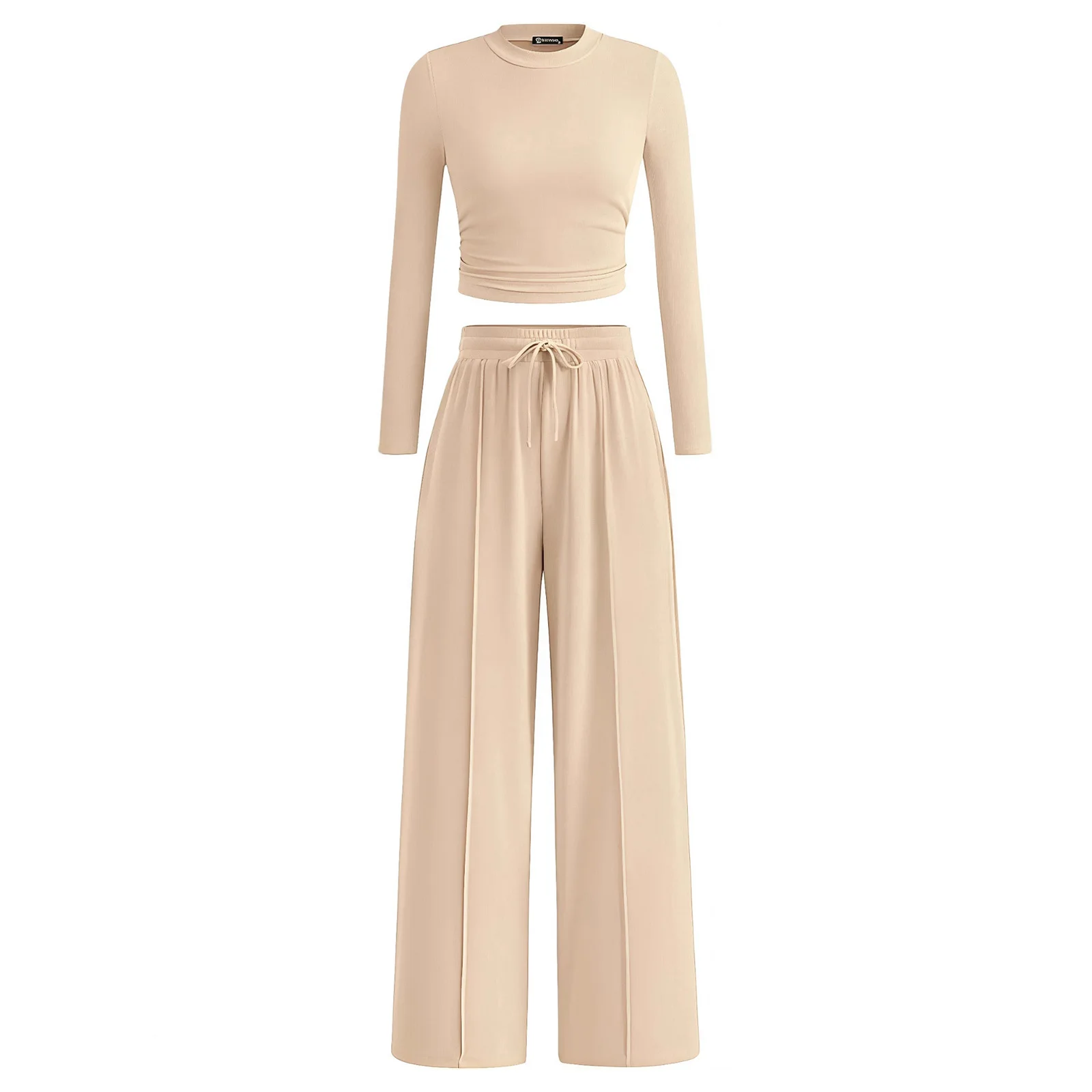 Ropa informal de 2 piezas para mujer, jersey de manga larga con cuello simulado, camiseta recortada y pantalones de pierna ancha, ropa de descanso para tiempo libre diario