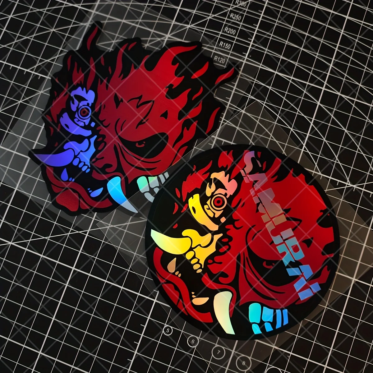 Pegatinas de la Máscara Oni Cyber Samurai, Calcomanías de Vinilo Holográficas Impermeables para Decoración de Autos y Motos