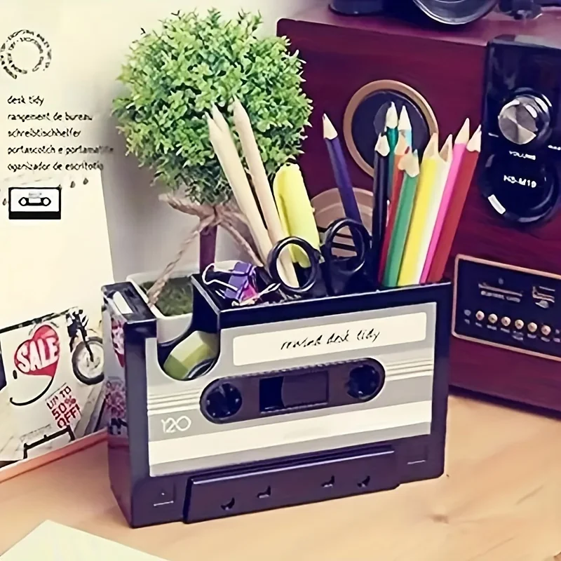 Porte-stylo à cassette de style rétro, fabriqué en matériau PE durable, adapté à une utilisation au 03 et au bureau