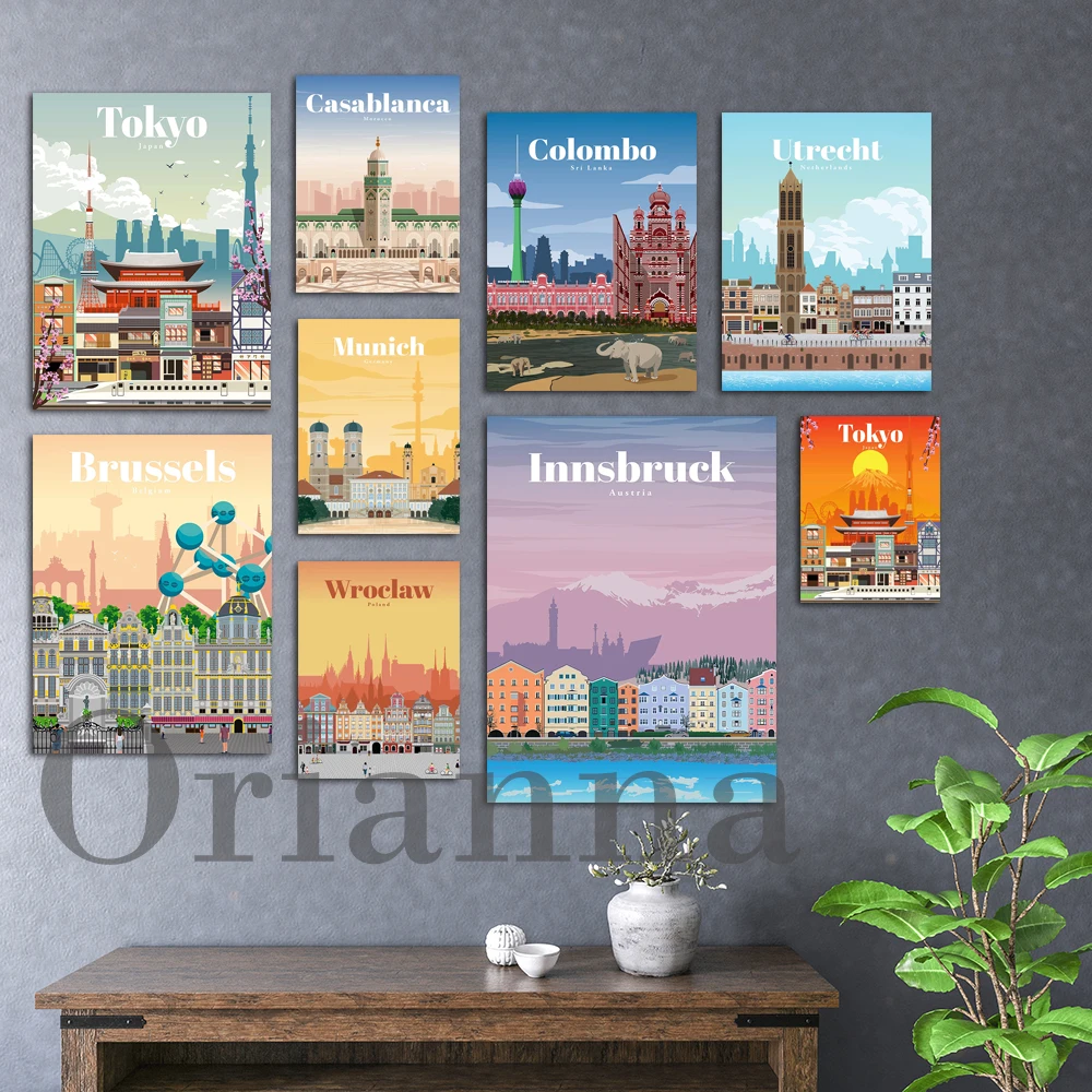 

Japan Tokyo, Colombo, Heidelberg, Innsbruck, Wroclaw, Munich, Casablanca, Brussels, Utrecht, Bordeaux Travel Poster Wall Print