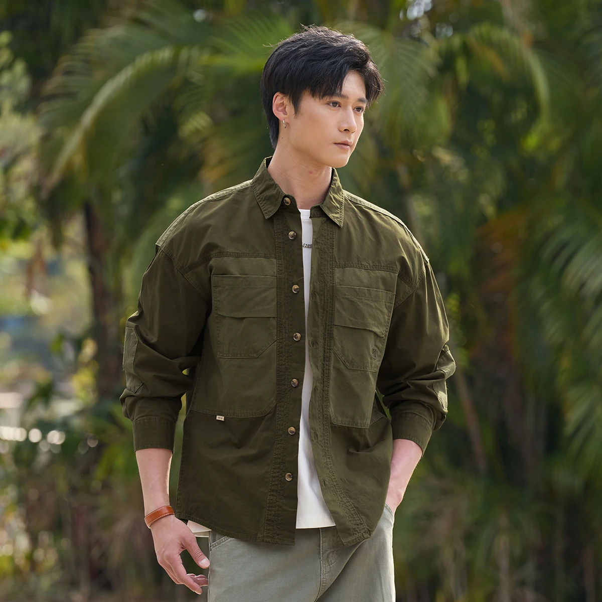Men's 100% Cotton Workwear Shacket with Utility Patch Pockets, Oversized Long Sleeve Casual Shirt Jacket for Outdoor Daily Wear