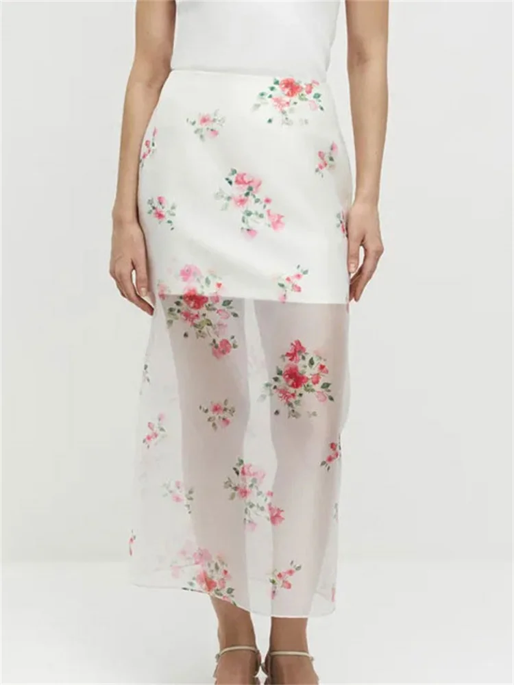 Printed See-Through Slim Maxi Skirt For Women High Waist Mesh Fashion Commute Streetwear Summer Female Floral Long Skirt