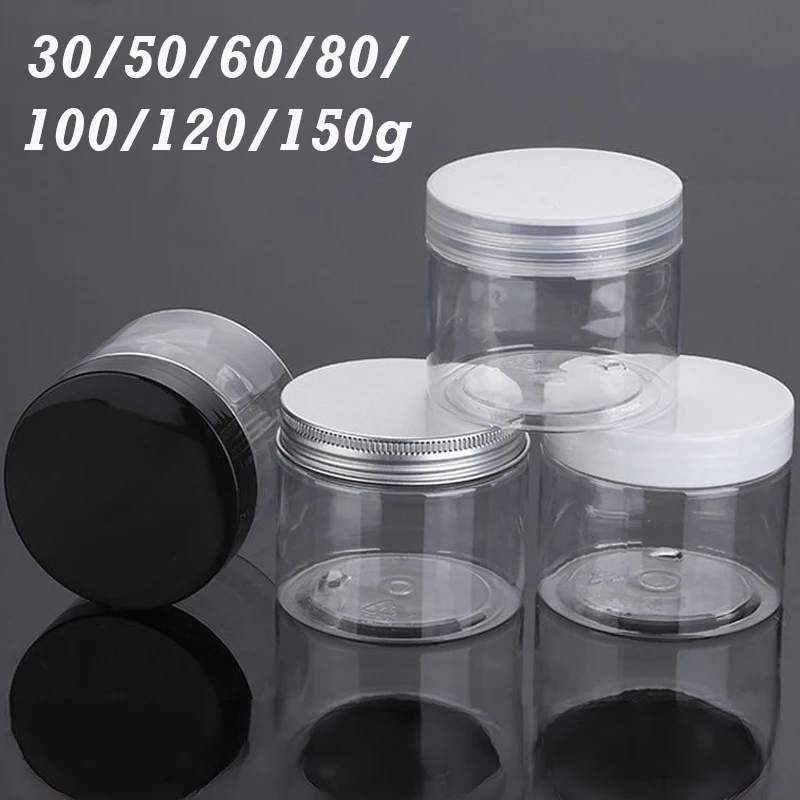 1PC 30/50/60/80/100/120/150g Transparent Plastic Jar With Lid Makeup Cosmetic Face Cream Travel Bottle Kitchen Storage Jars