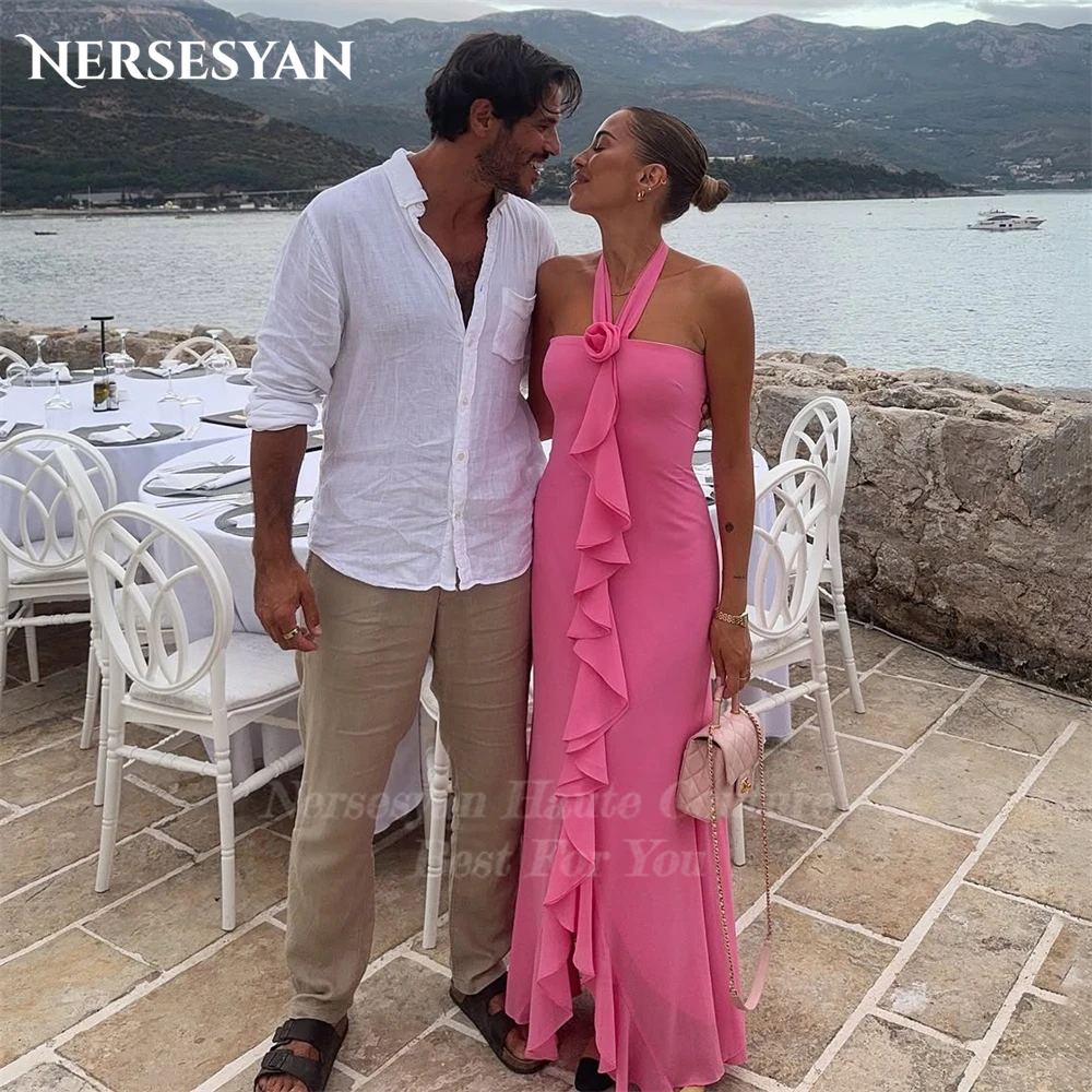 

Nersesyan Luxury Mermaid Pink Evening Dresses 3D Flowers Chiffon Formal Dress Ruffle Slit Halter Party Gowns 2025 Customized