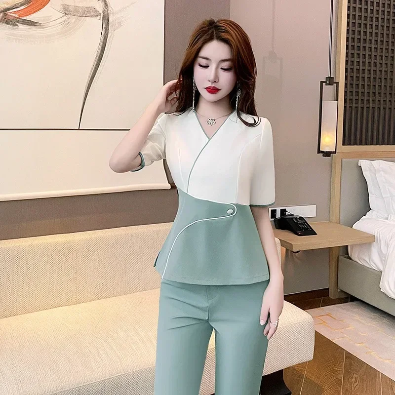 Spa Massage Work Clothes Hotel Front Desk Beauty Salon Nail Technician Uniform Slim Pants Suit Professional Esthetician Overalls