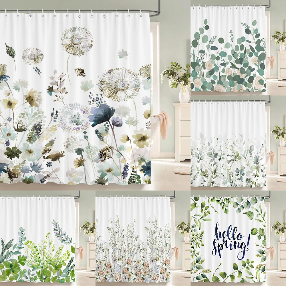 

Green Plant Leaf Vines Flowers Shower Curtain Modern Nordic Minimalist Printed Polyster Home Decor Bathroom Curtain with Hooks
