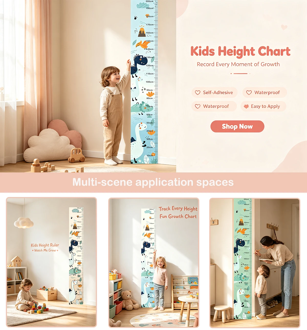 Prehistoric Dinosaur Kids Height Chart Removable Growth Ruler Wall Sticker 200cm Baby Decal Nursery Kids Bedroom Home Decor