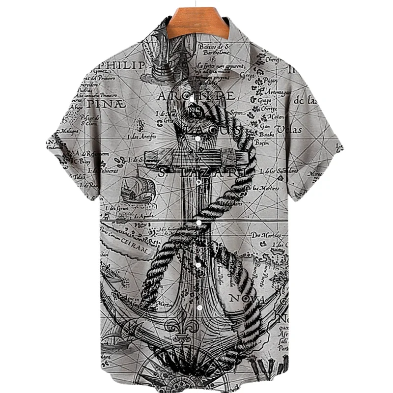 Sailing compass short sleeve Hawaiian shirts for men summer fashion vintage street shirt men clothing male top 2024