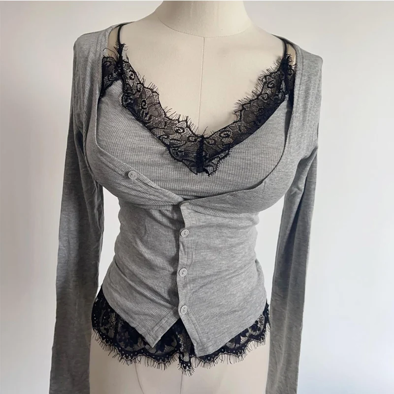 Wholesale Sexy Two-piece Sets Lace Camisole + Cardigan Set 2024 New Korean Style Slim Fit Top for Women Single Breasted T Shirts