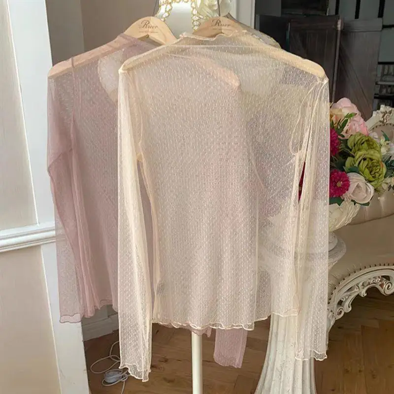 Sexy See Through Tops Women Transparent Long Sleeve Lace T-shirt Mesh Tulles Beige Black White Pink Lace Mesh Tees T-Shirt Tops