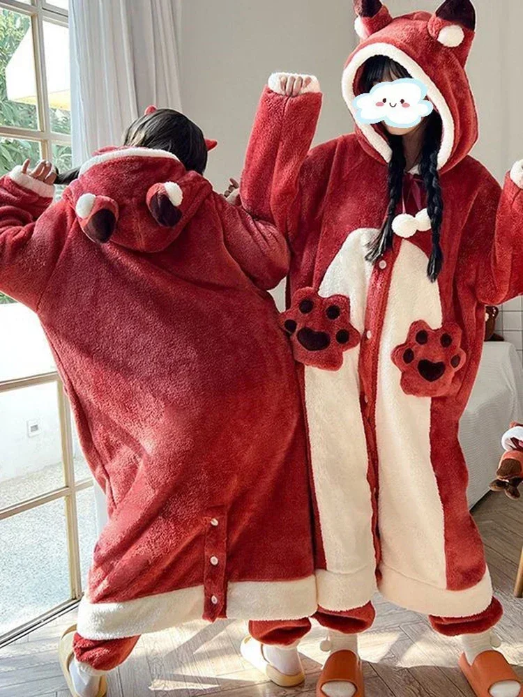 2025 Nieuwe 2024 Winter Pyjama Voor Vrouwen Cartoon Dinosaurus Capuchon Lange Gewaad Leuke Homewear Nachtkleding Dikke Flanel Comfy Lounge AA