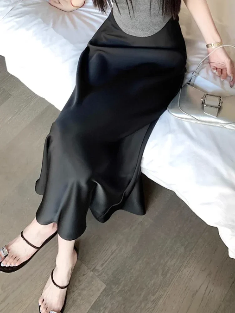 Summer Women's Long Skirt Silk High Waisted Slim Satin Skirt Fashion Korean Solid Champagne Black Midi Skirts for Women