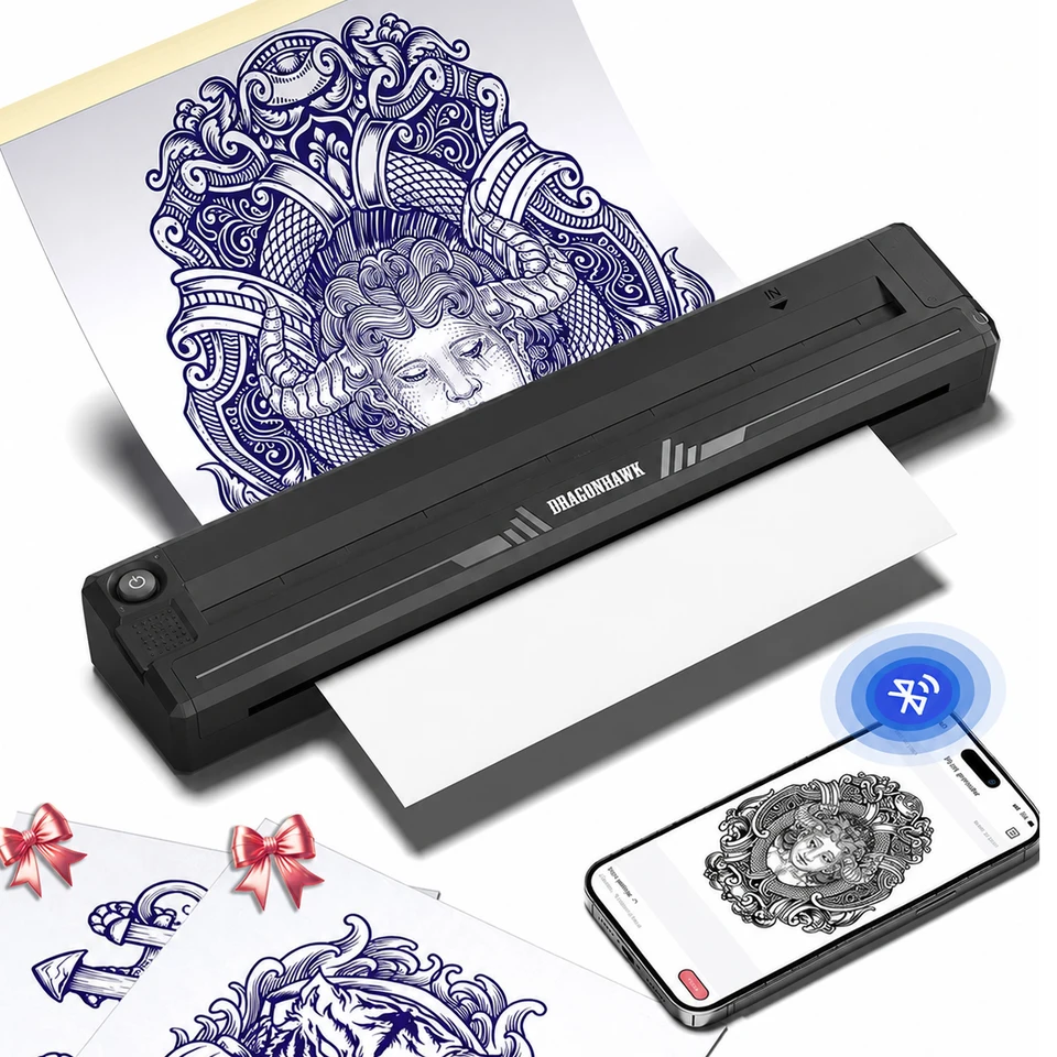 Kit de tatuaje Dragonhawk L3 completo con impresora térmica de plantillas, bolígrafo de tatuar inalámbrico de 7 carreras, 20 agujas de cartucho para principiantes 5