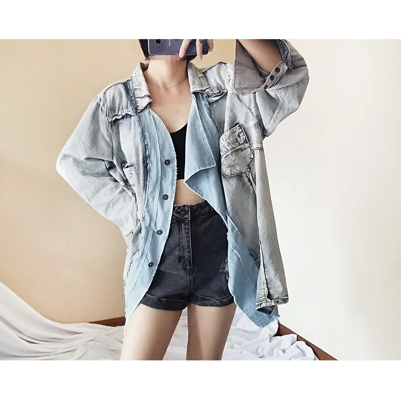 Irregular White Denim Shirt Coat Women's Spring and Summer New Ocean Style Nostalgic Mid-Length Protective Clothes Thin