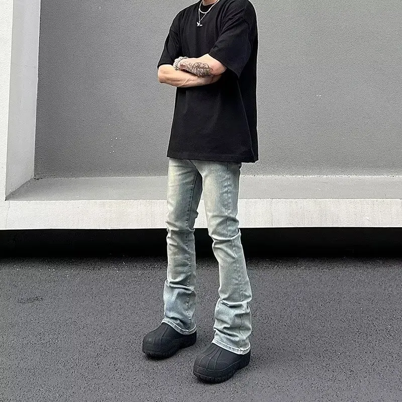 Obcisłe dżinsy rurki męskie szare letnie główna ulica pantalony Hombre proste spodnie Slim Streetwear dopasowany w stylu Vintage jesień Y2k spodnie