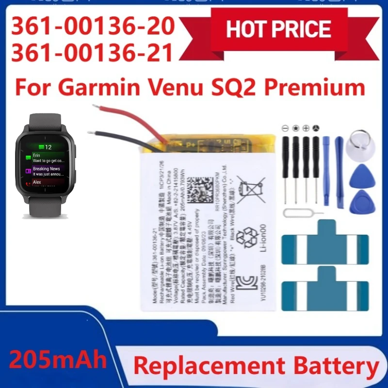 

New Replacement Battery 361-00136-20 361-00136-21 High Quality for Garmin Venu SQ2 Premium Rechargable Batteries 205mAh
