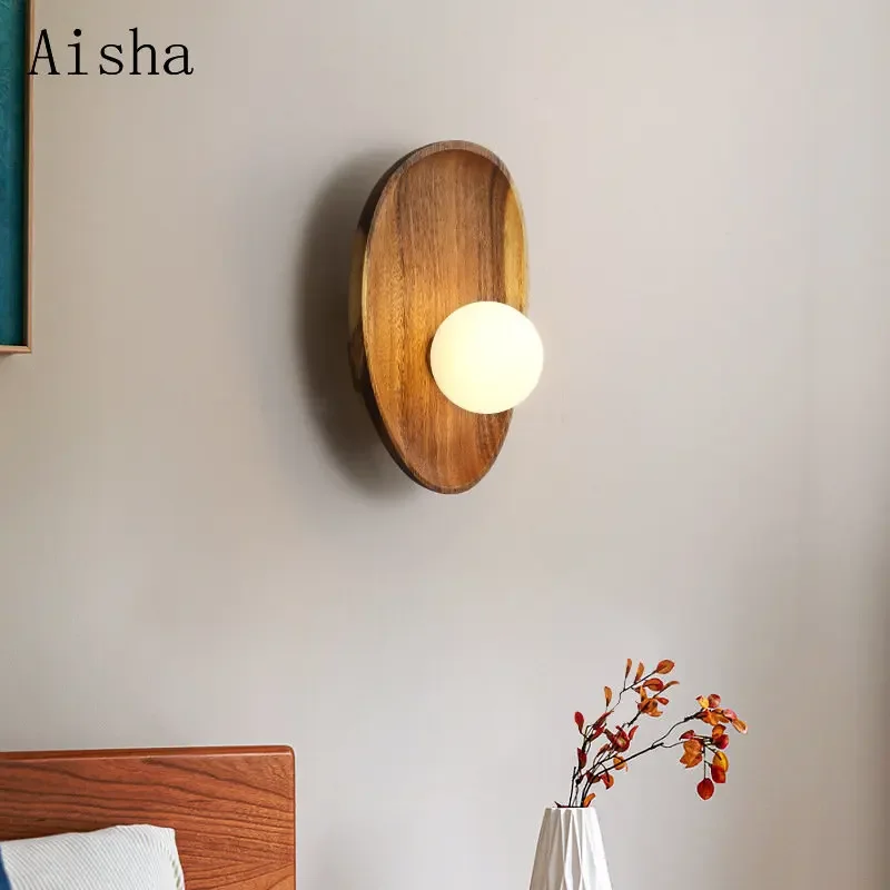 

Walnut Wood Wall Lamp Buddhist Mood Bedroom Living Room LED Decorative Wall Light Simple Solid Wood Hallway Indoor Lighting