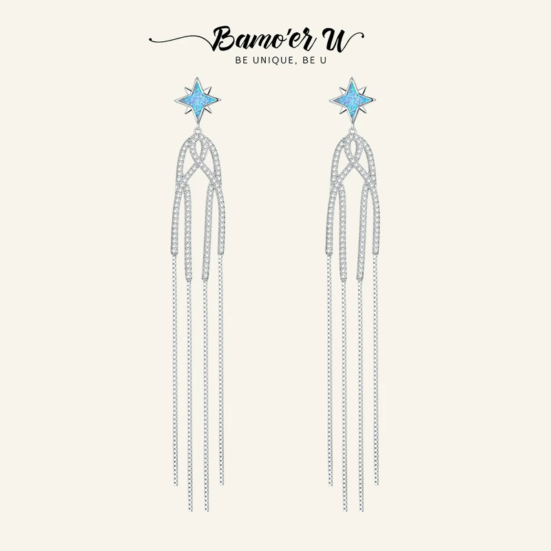 Bamoer U 100% 925 Sterling Silver Fashion Tassel Earrings for Female Star Earrings Matching Bridal Wedding Gifts Fine Jewelry