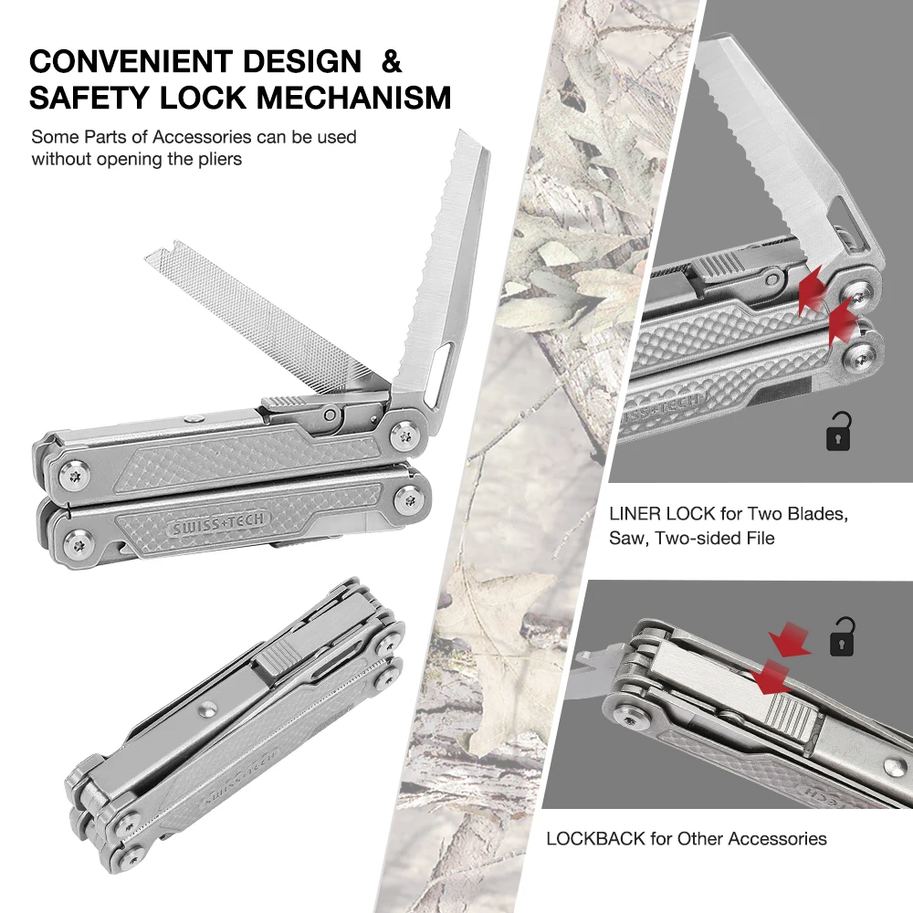 SWISS TECH Multitool, pinza pieghevole Multi pinza 17 in 1, pinza Multitool perfetta per campeggio, pesca ed escursionismo