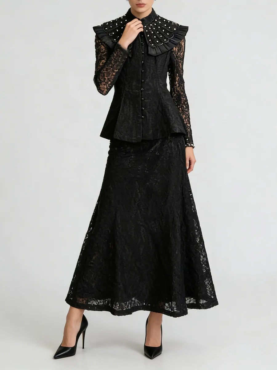 TWOTWINSTYLE Solid Spliced Lace Two Piece Sets for Women Round Neck Long Sleeves Tunic Top High Waist Skirt Sets Female Clothing image 2