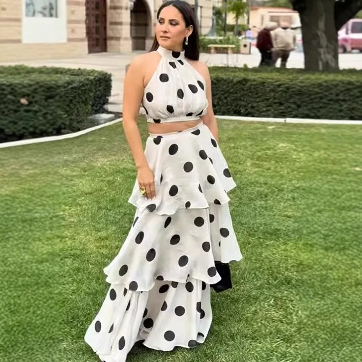 

White Polka Dot Two Piece Set For Women Halter Crop Top And Tiered Maxi Skirt Elegant Summer Party Outfit Pure Desire Charm FSW7