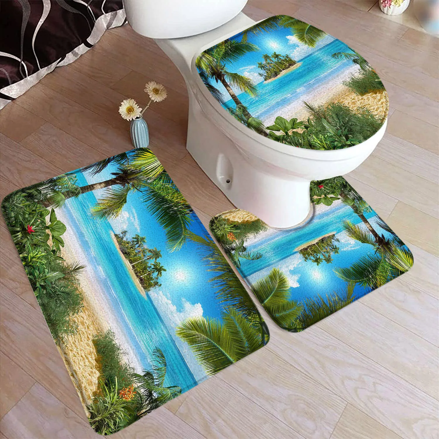 Ocean Beach Bath Mat Set Island Palm Trees Dolphin Fish Coral Nature Scenery Home Carpet Bathroom Decor Floor Rugs Toilet Cover