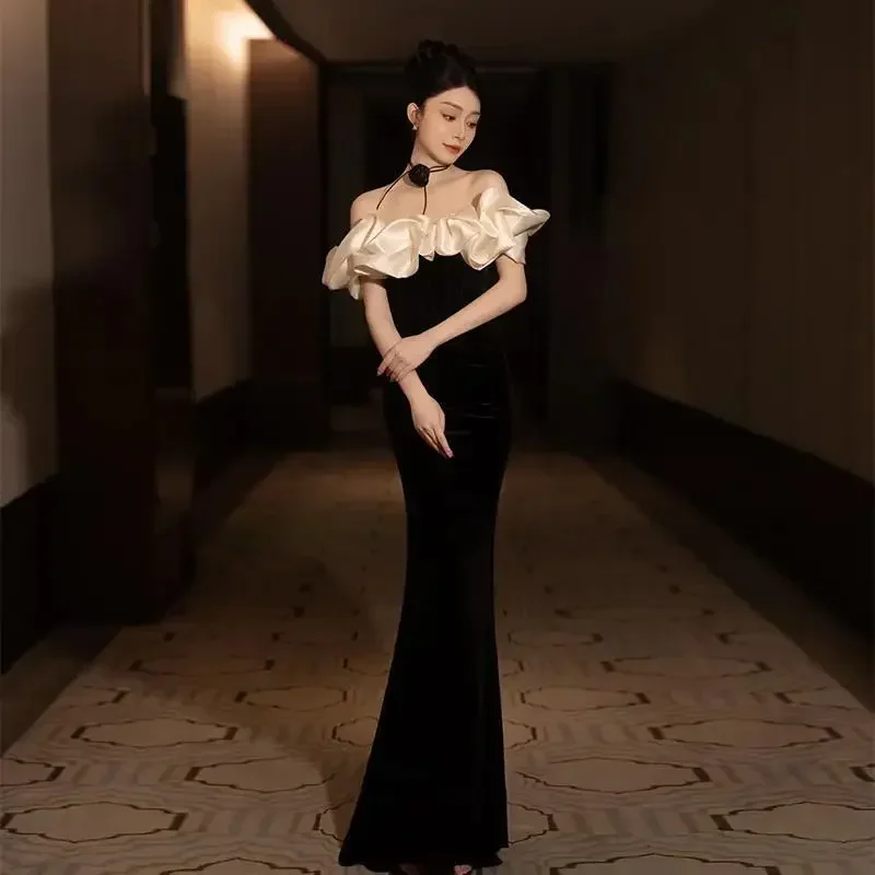 Evening Dress Black One-word Shoulder Temperament High-end Fishtail Senior Sense Adult Ceremony Banquet Dress Light Luxury Niche