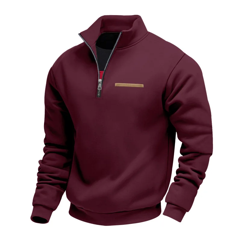 Amerikanischer Herbst- und Winter-Herrenpullover aus schwerem Fleece mit langen Ärmeln, halbem Reißverschluss, lockerem Schnitt und Stehkragen – Detail 22