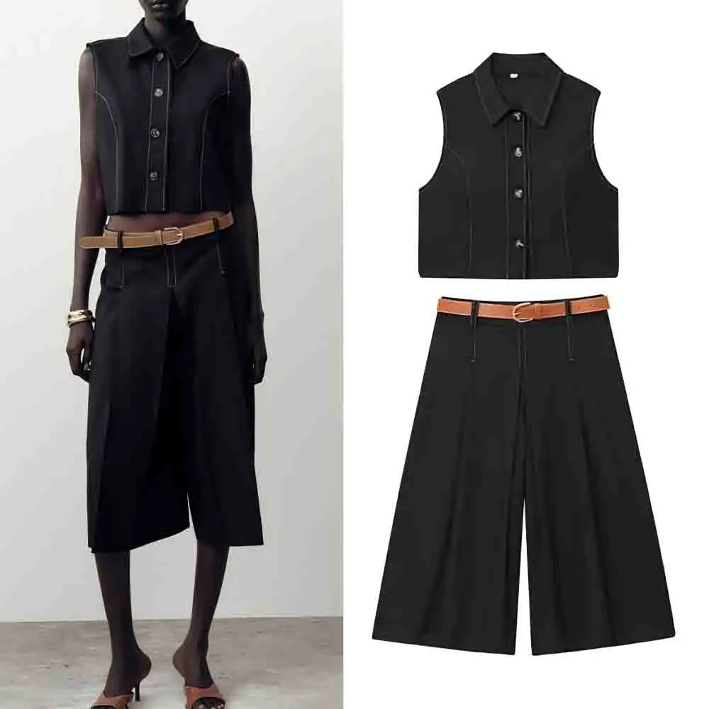 

Women's new fashion stitching decoration short Straight lapel vest retro sleeveless Button-up women's vest chic top+Shorts suit