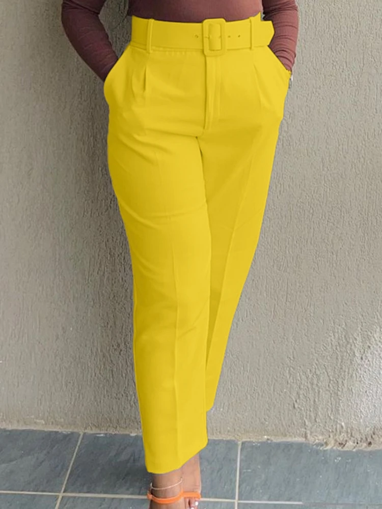 Women Shiny Yellow Capris Pants High Waist Trousers Office Work Lady Ankle Length Summer Bottoms Capris 2023 Spring Summer